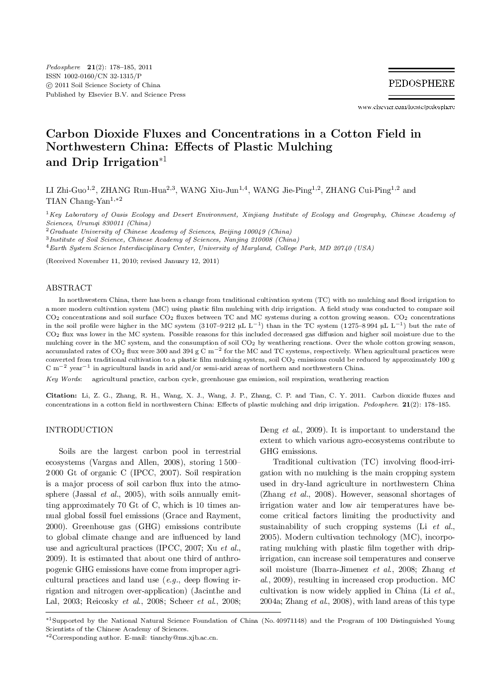 Carbon Dioxide Fluxes and Concentrations in a Cotton Field in Northwestern China: Effects of Plastic Mulching and Drip Irrigation 
