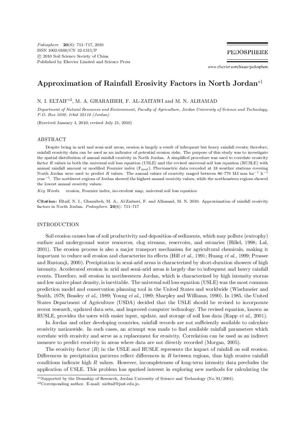 Approximation of Rainfall Erosivity Factors in North Jordan 