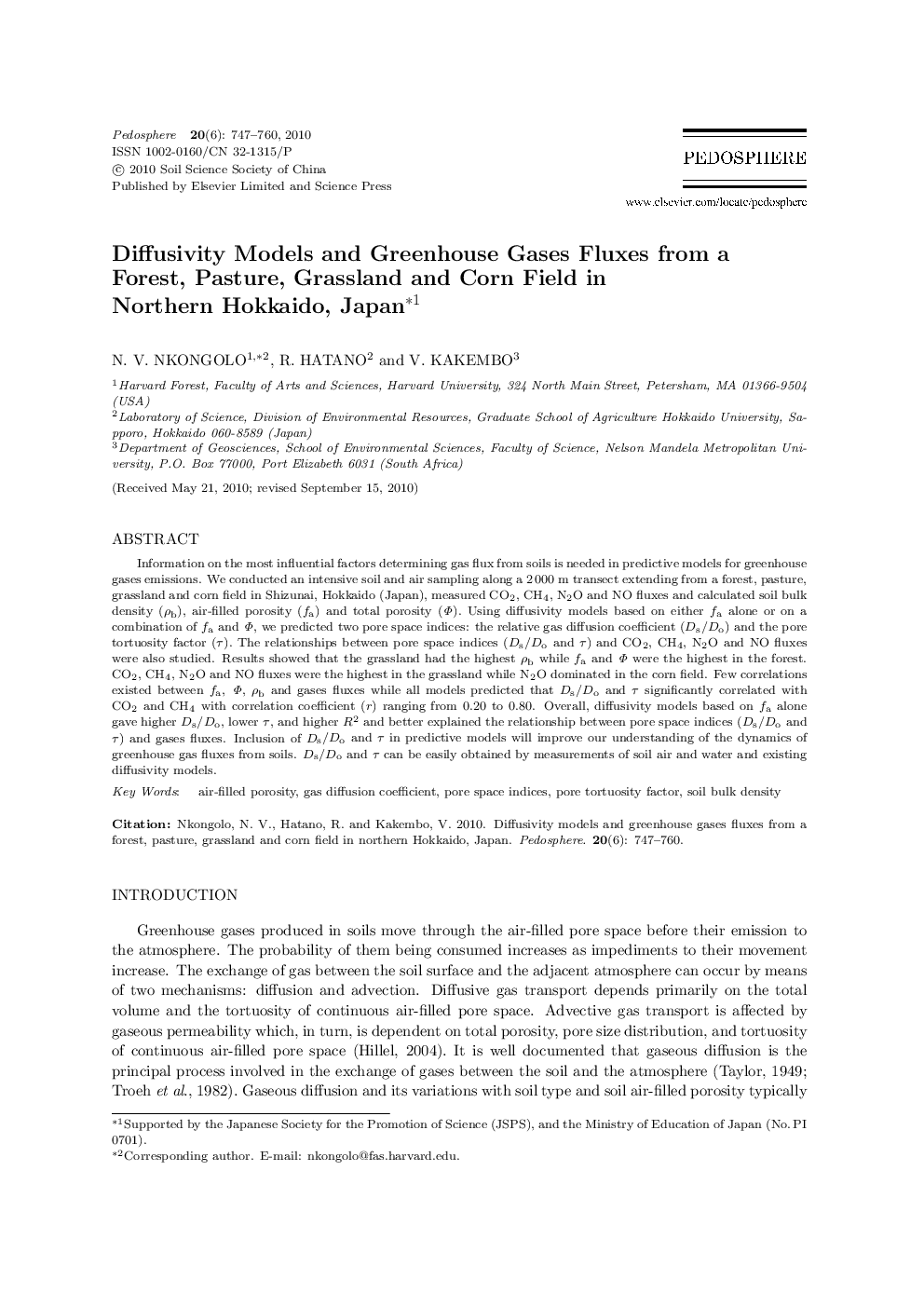 Diffusivity Models and Greenhouse Gases Fluxes from a Forest, Pasture, Grassland and Corn Field in Northern Hokkaido, Japan 