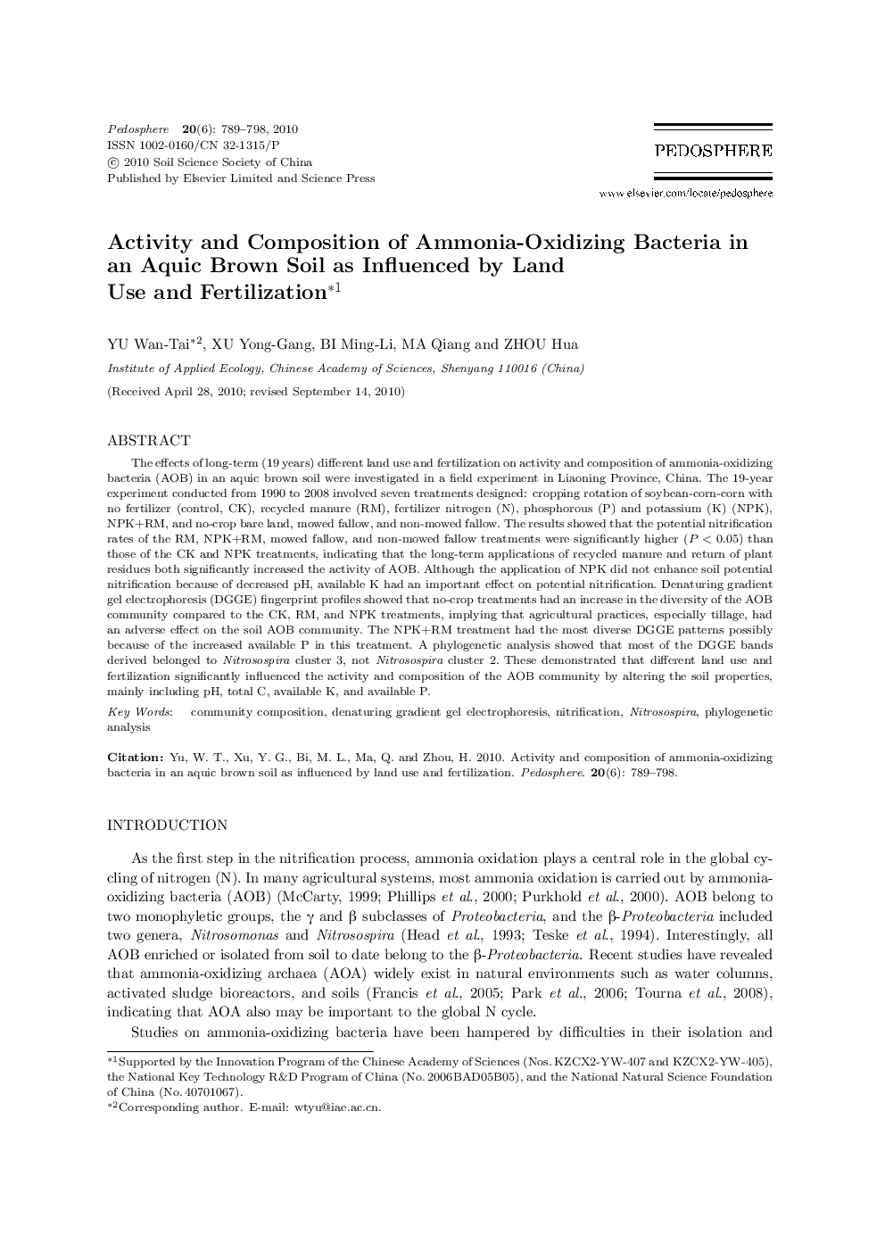 Activity and Composition of Ammonia-Oxidizing Bacteria in an Aquic Brown Soil as Influenced by Land Use and Fertilization 