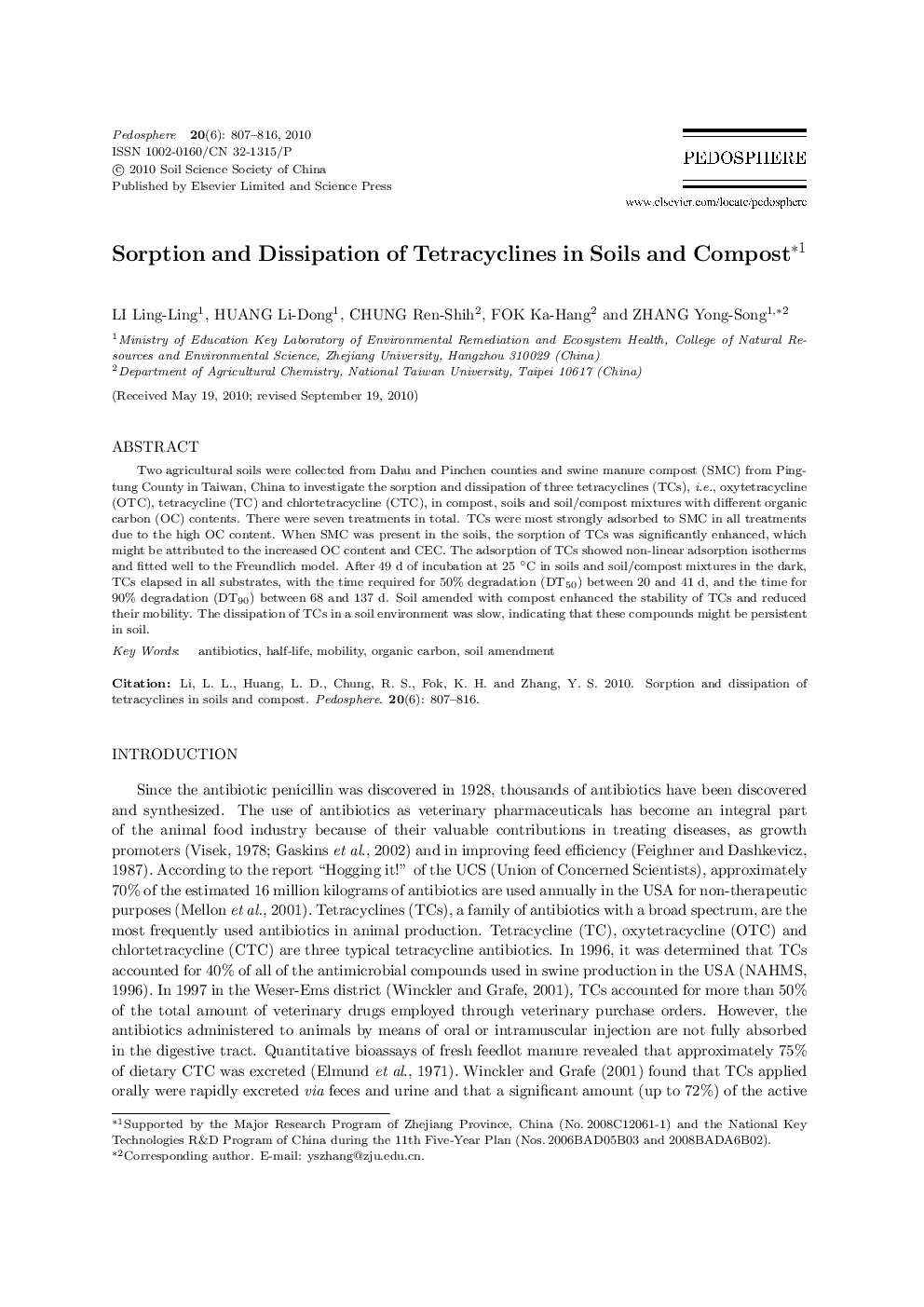 Sorption and Dissipation of Tetracyclines in Soils and Compost 