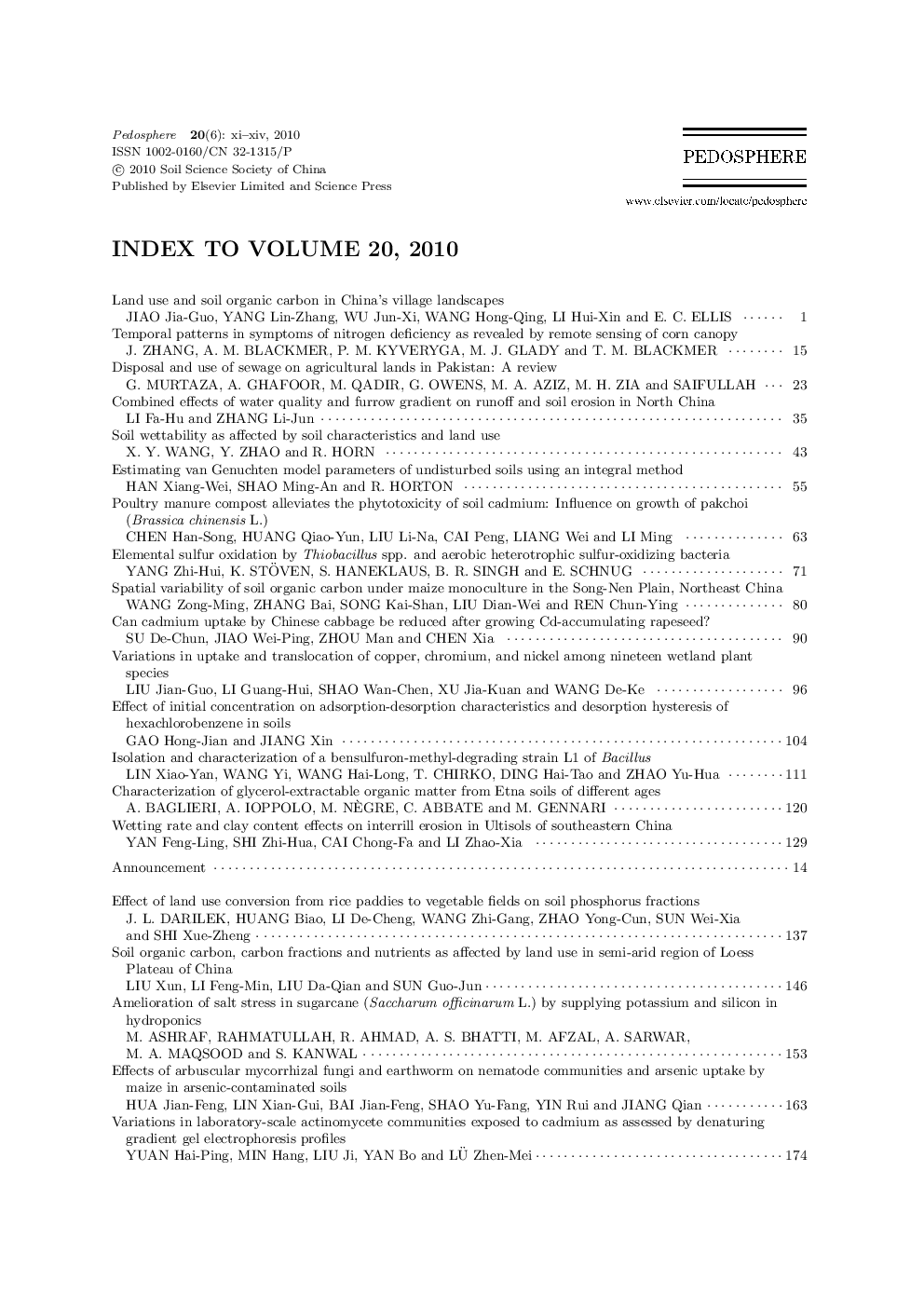 Index to Volume 20, 2010