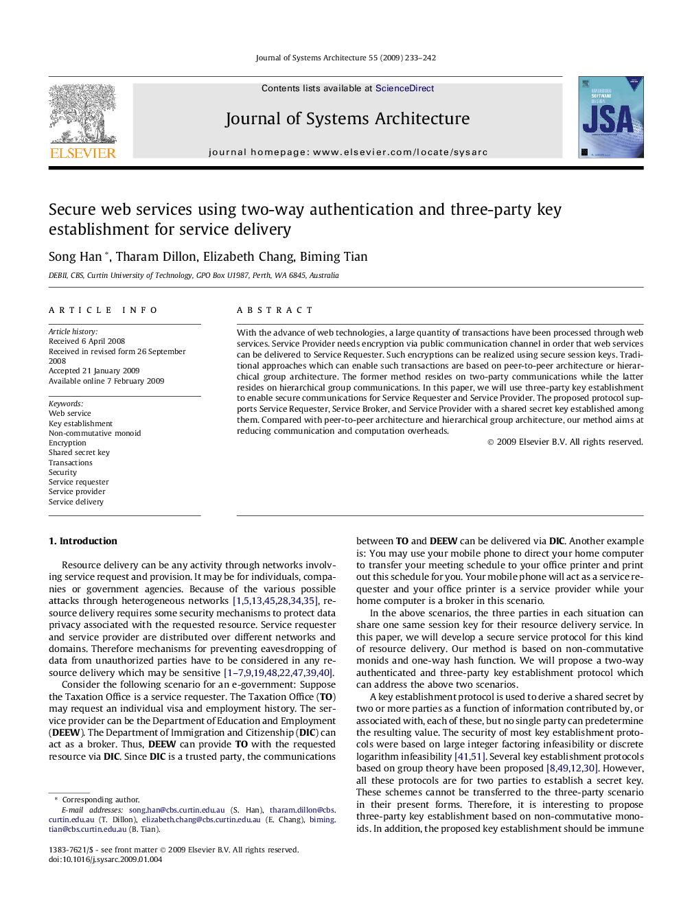 Secure web services using two-way authentication and three-party key establishment for service delivery