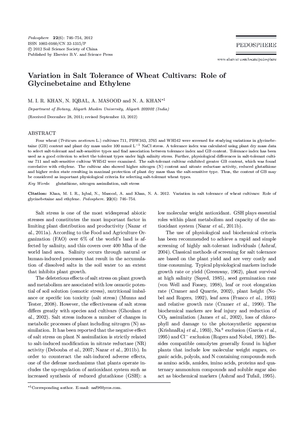 Variation in Salt Tolerance of Wheat Cultivars: Role of Glycinebetaine and Ethylene