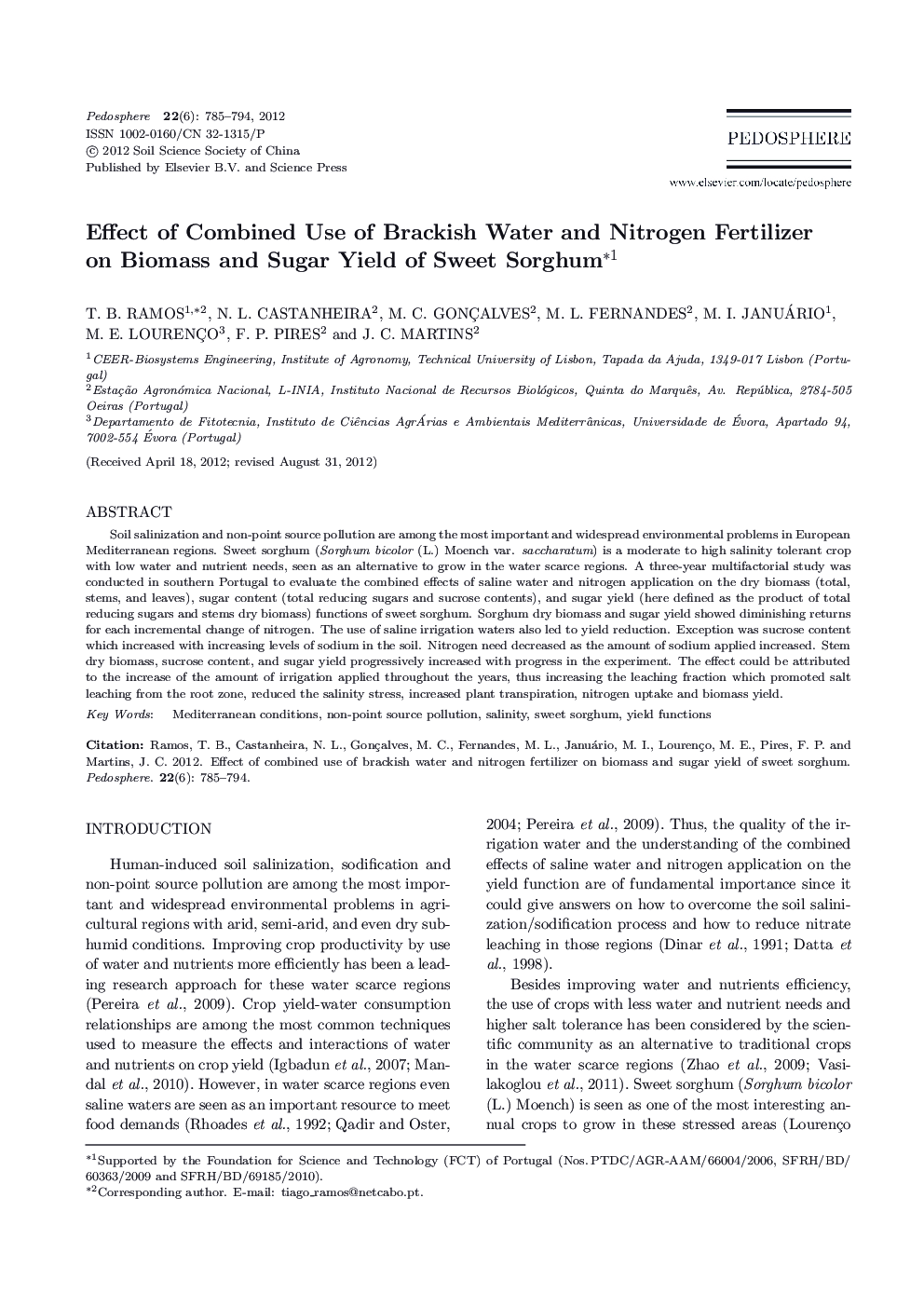 Effect of Combined Use of Brackish Water and Nitrogen Fertilizer on Biomass and Sugar Yield of Sweet Sorghum 