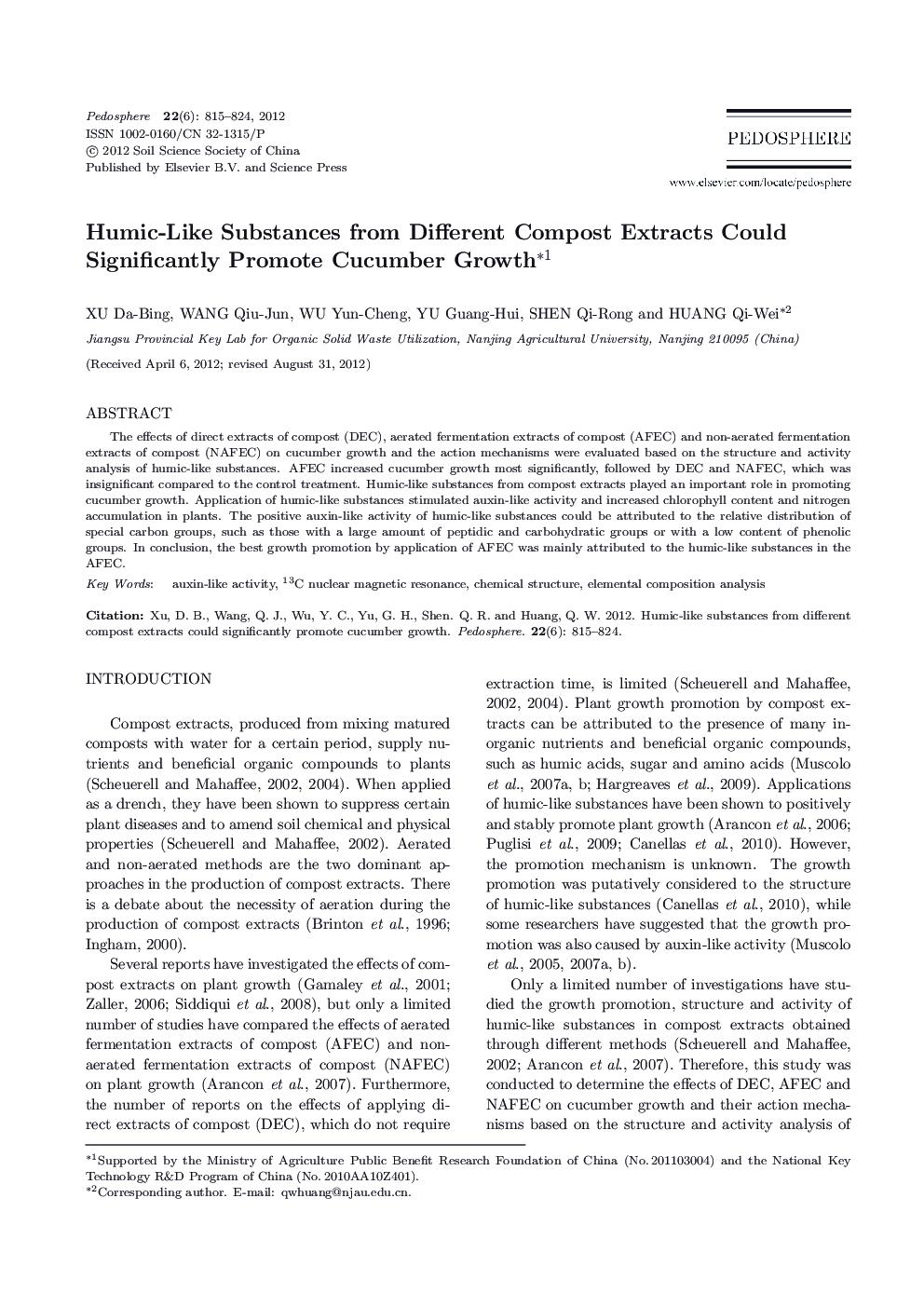 Humic-Like Substances from Different Compost Extracts Could Significantly Promote Cucumber Growth 