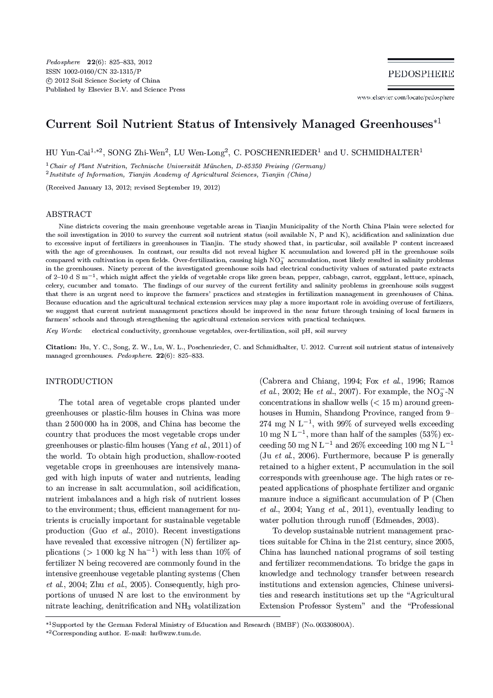 Current Soil Nutrient Status of Intensively Managed Greenhouses 