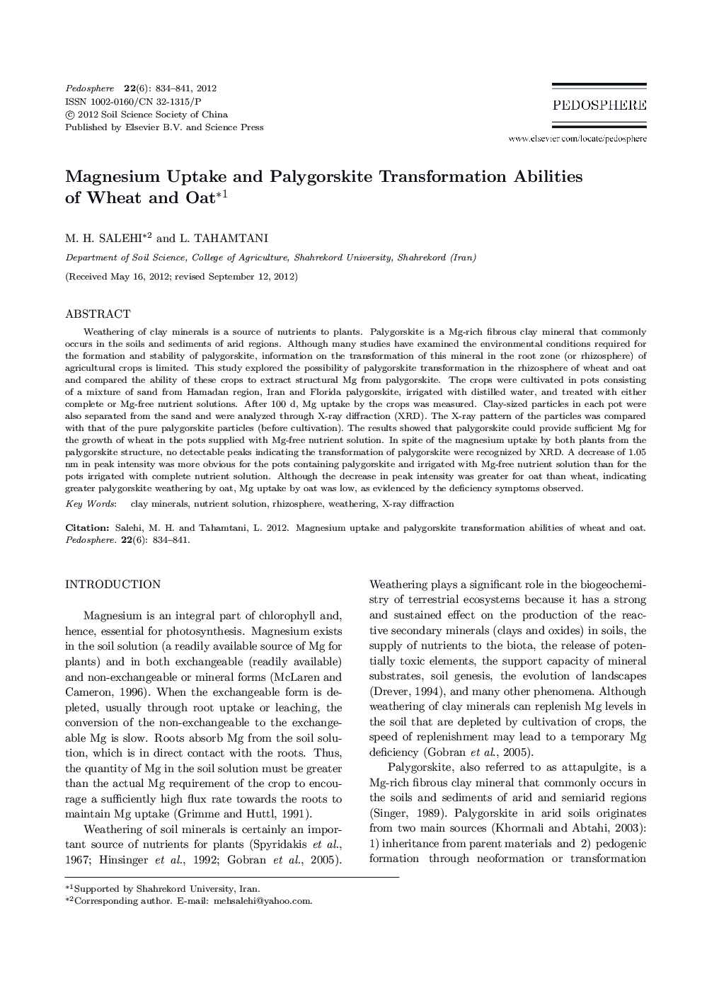 Magnesium Uptake and Palygorskite Transformation Abilities of Wheat and Oat 
