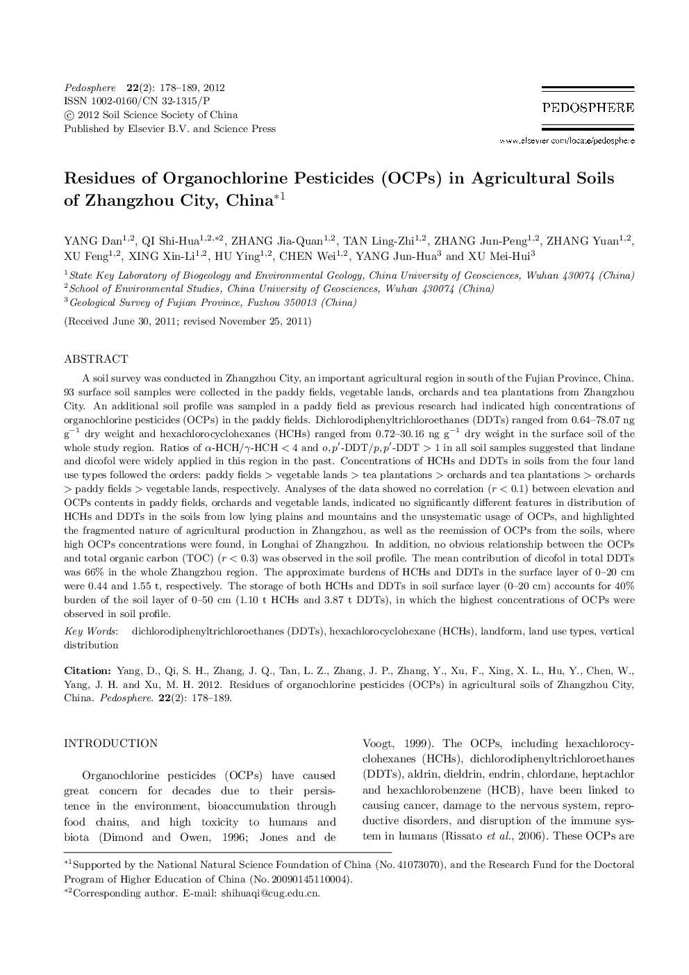 Residues of Organochlorine Pesticides (OCPs) in Agricultural Soils of Zhangzhou City, China 