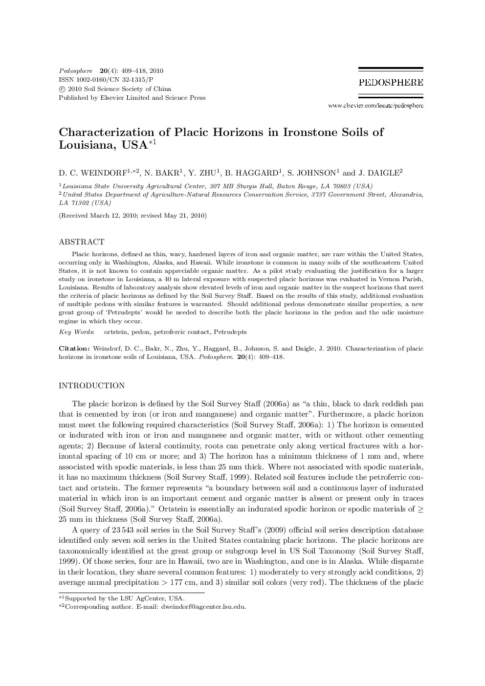 Characterization of Placic Horizons in Ironstone Soils of Louisiana, USA 