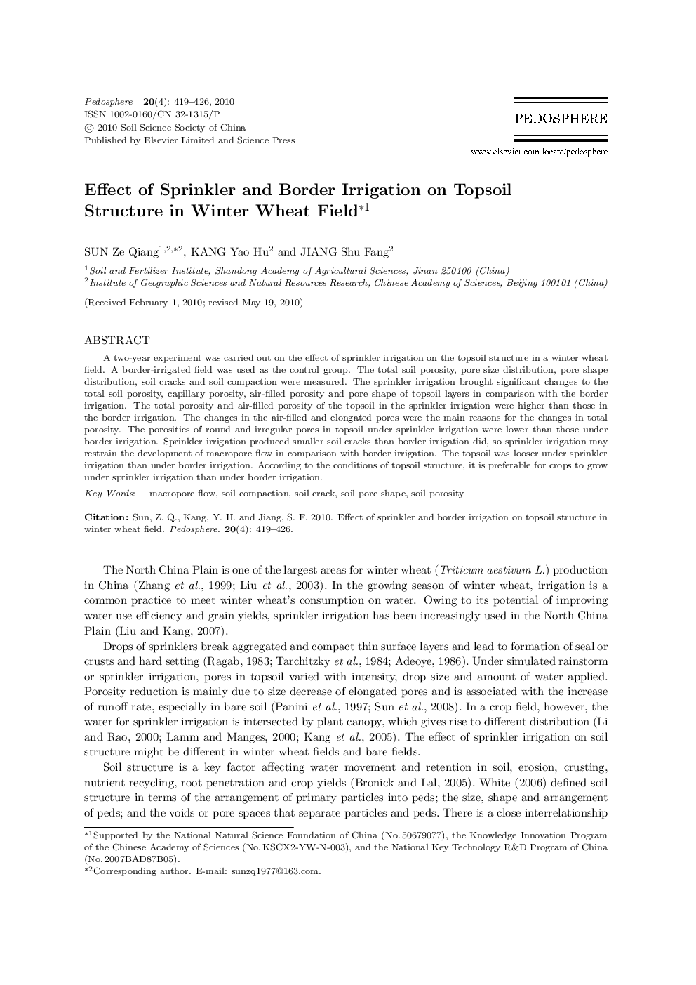 Effect of Sprinkler and Border Irrigation on Topsoil Structure in Winter Wheat Field 