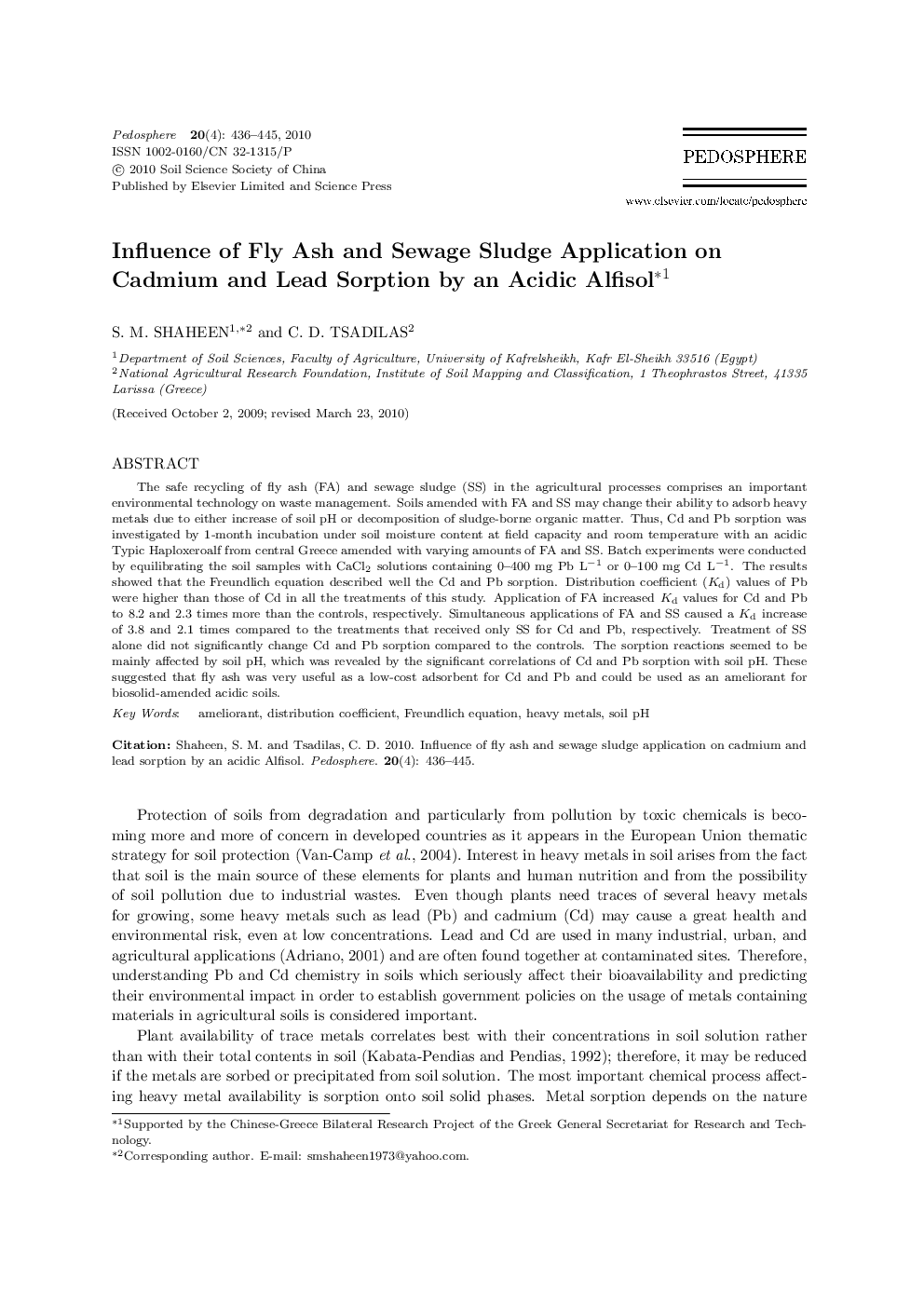 Influence of Fly Ash and Sewage Sludge Application on Cadmium and Lead Sorption by an Acidic Alfisol 