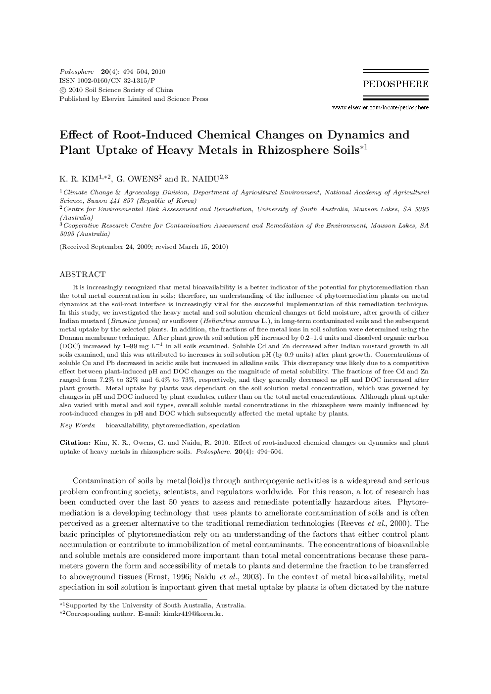Effect of Root-Induced Chemical Changes on Dynamics and Plant Uptake of Heavy Metals in Rhizosphere Soils 