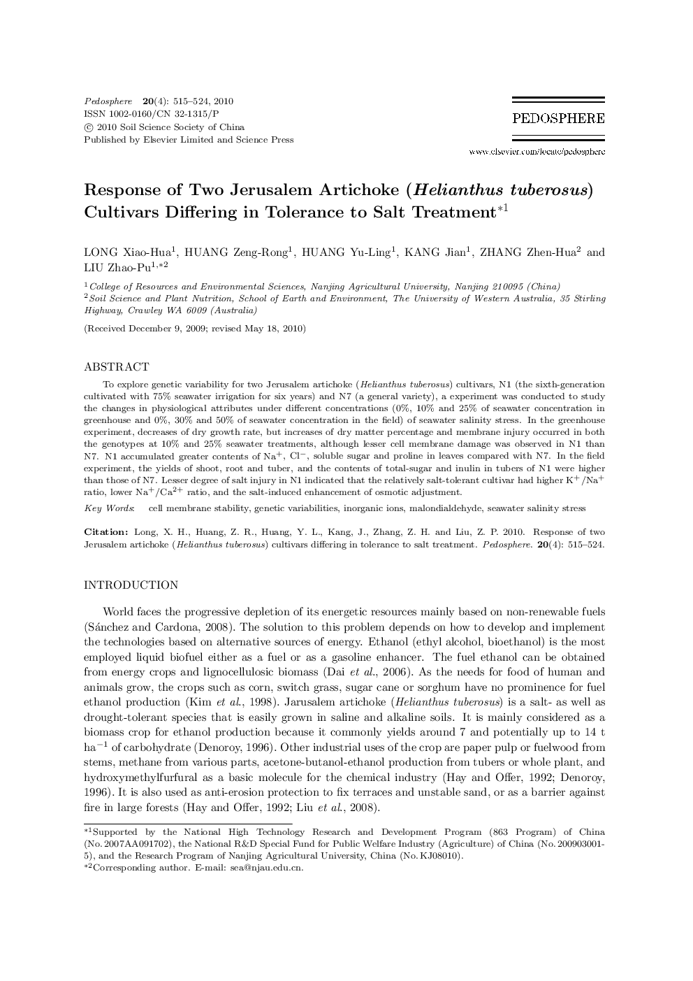 Response of Two Jerusalem Artichoke (Helianthus tuberosus) Cultivars Differing in Tolerance to Salt Treatment 