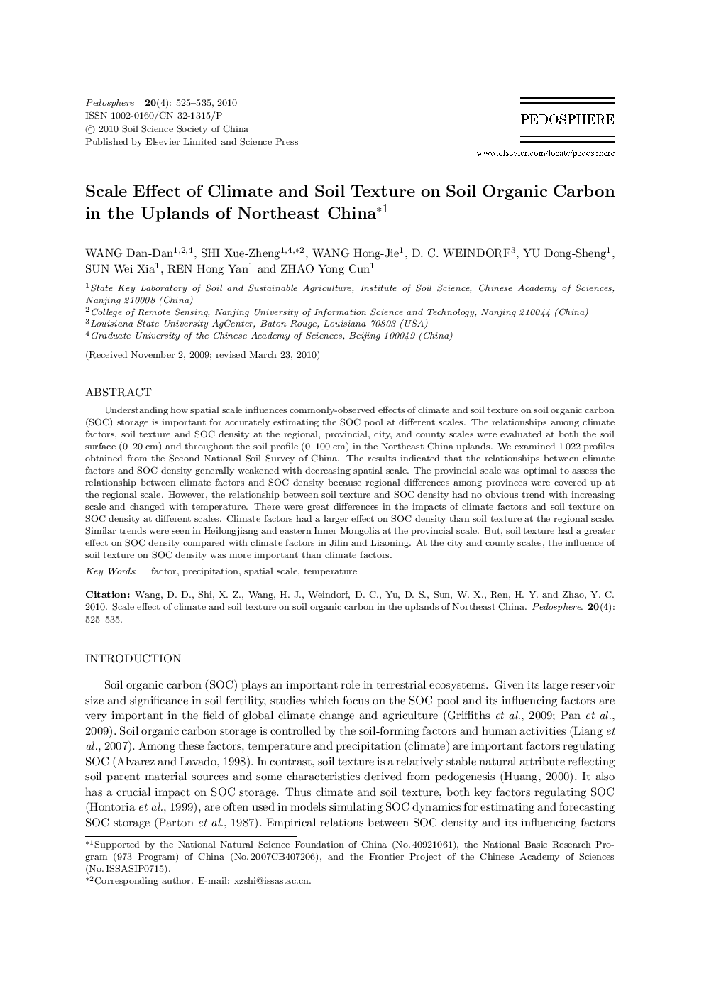 Scale Effect of Climate and Soil Texture on Soil Organic Carbon in the Uplands of Northeast China 