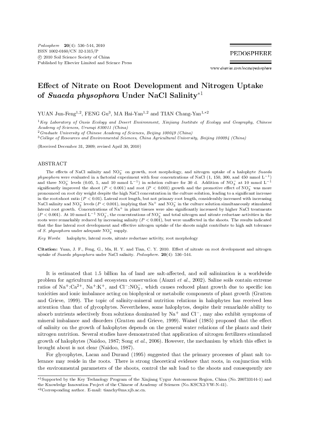 Effect of Nitrate on Root Development and Nitrogen Uptake of Suaeda physophora Under NaCl Salinity 