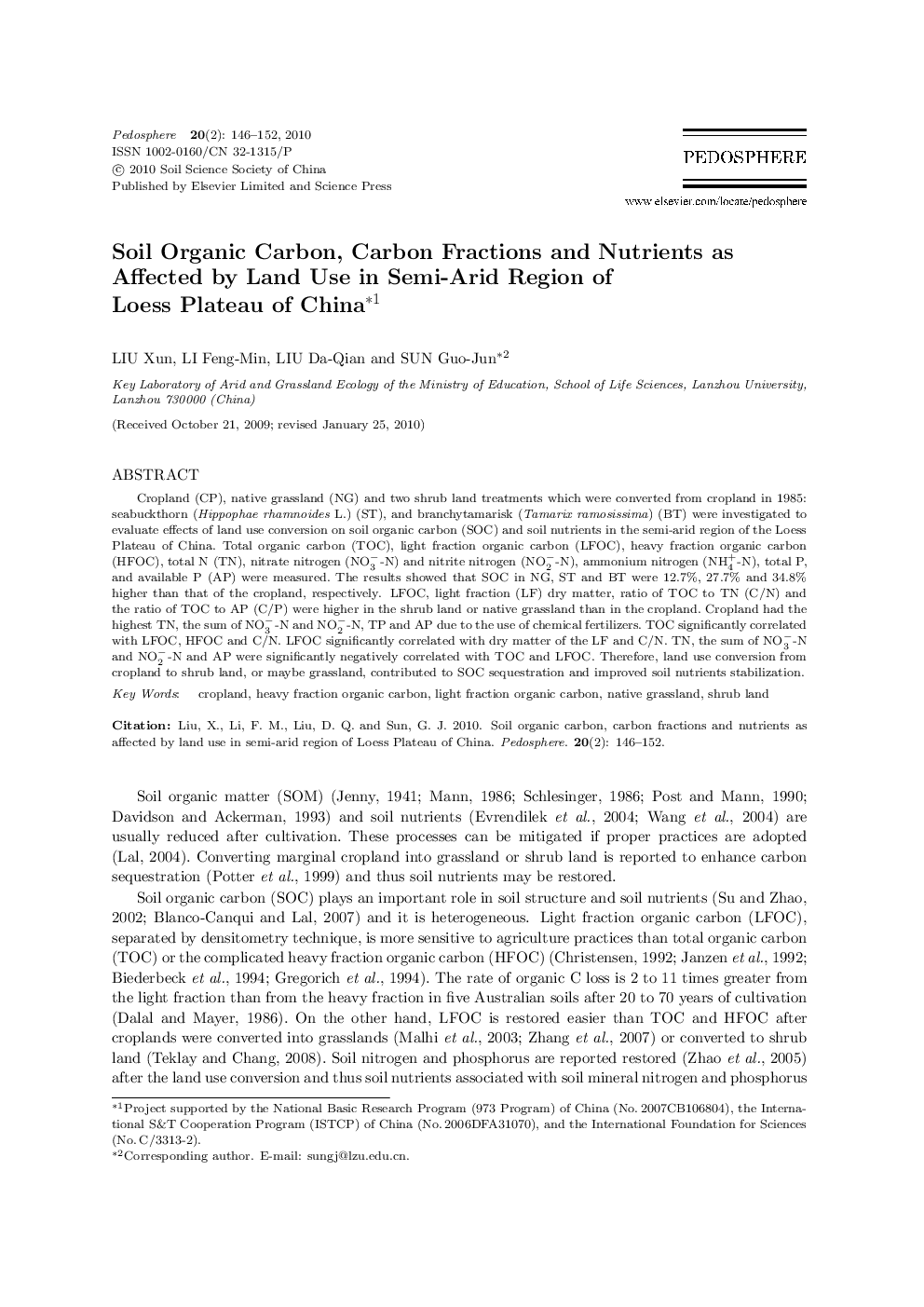 Soil Organic Carbon, Carbon Fractions and Nutrients as Affected by Land Use in Semi-Arid Region of Loess Plateau of China 