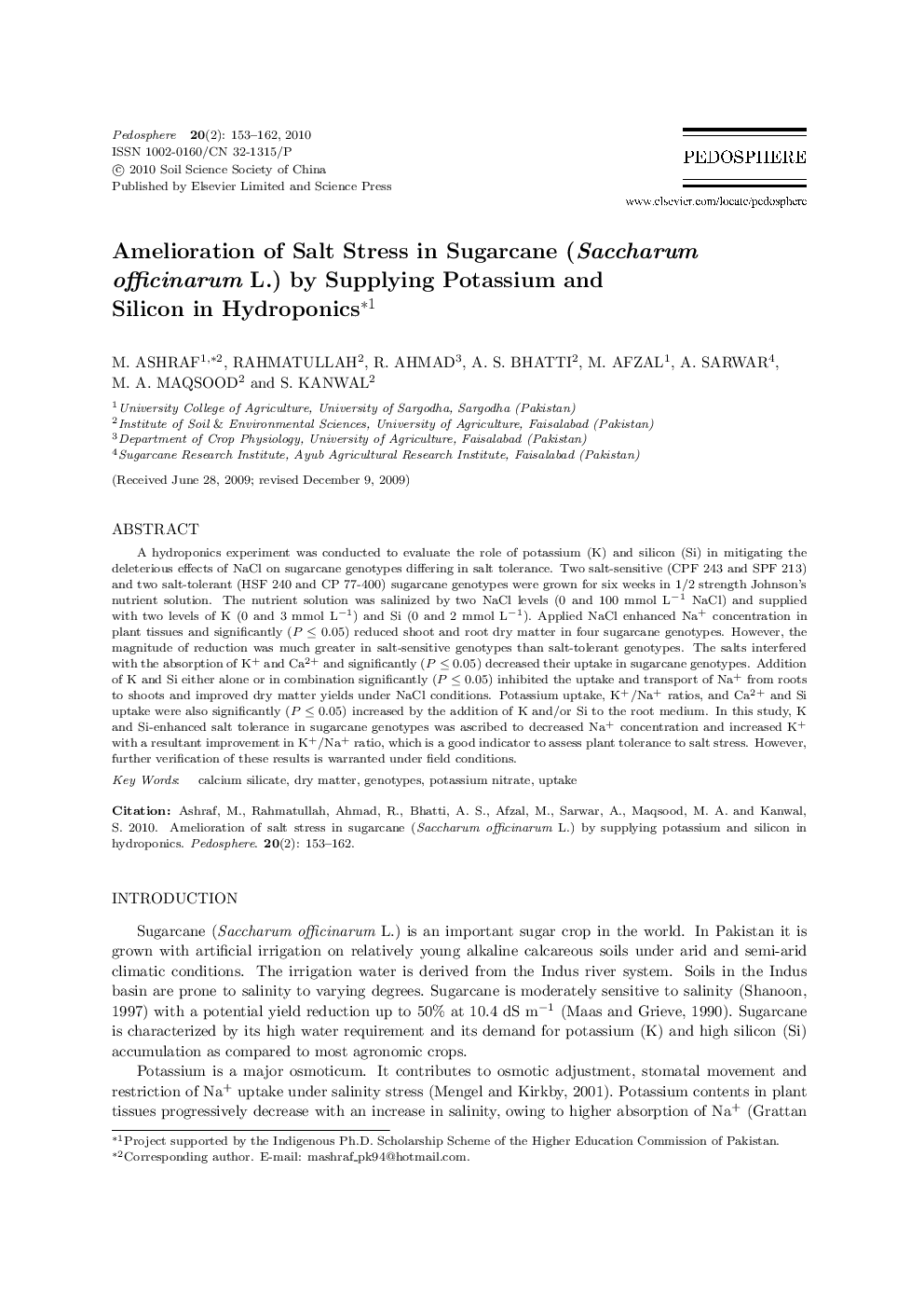Amelioration of Salt Stress in Sugarcane (Saccharum officinarum L.) by Supplying Potassium and Silicon in Hydroponics 