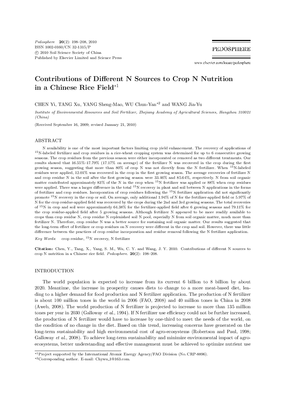 Contributions of Different N Sources to Crop N Nutrition in a Chinese Rice Field 