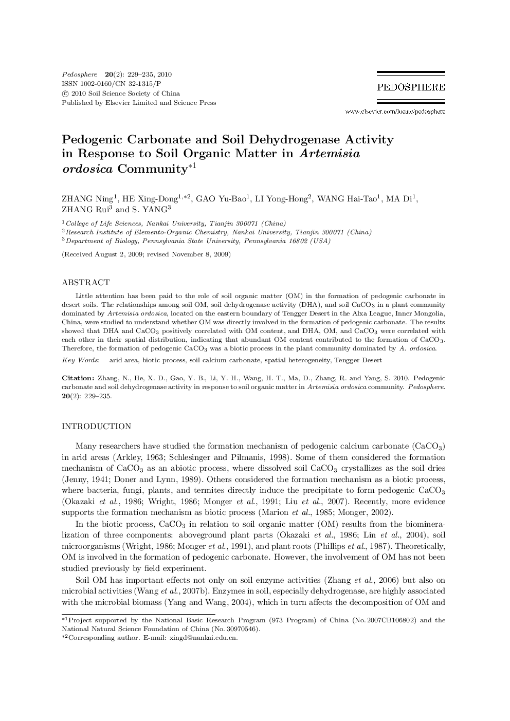 Pedogenic Carbonate and Soil Dehydrogenase Activity in Response to Soil Organic Matter in Artemisia ordosica Community 