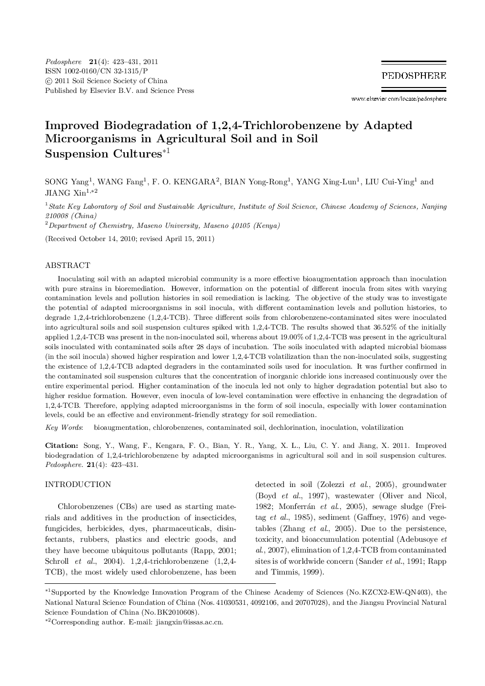 Improved Biodegradation of 1,2,4-Trichlorobenzene by Adapted Microorganisms in Agricultural Soil and in Soil Suspension Cultures 