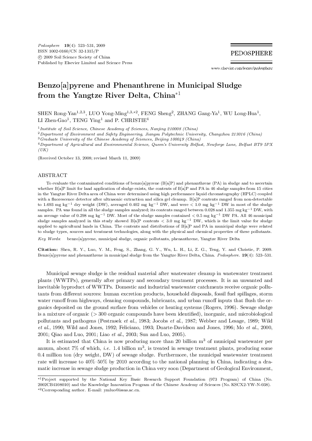 Benzo[a]pyrene and Phenanthrene in Municipal Sludge from the Yangtze River Delta, China 