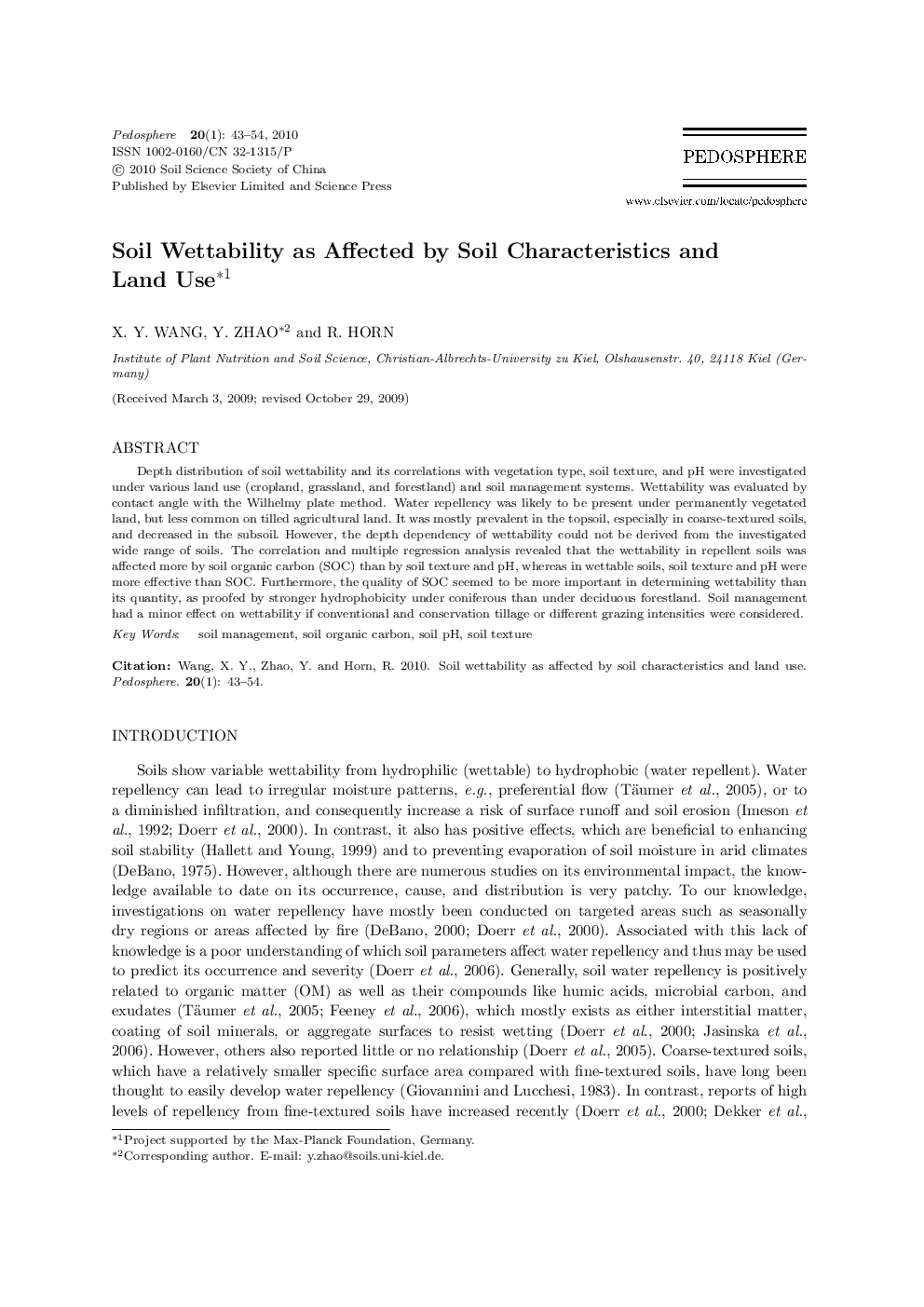 Soil Wettability as Affected by Soil Characteristics and Land Use 