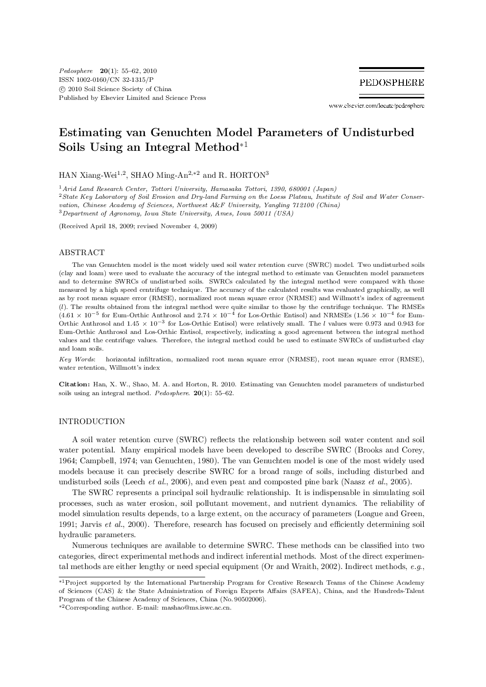 Estimating van Genuchten Model Parameters of Undisturbed Soils Using an Integral Method 
