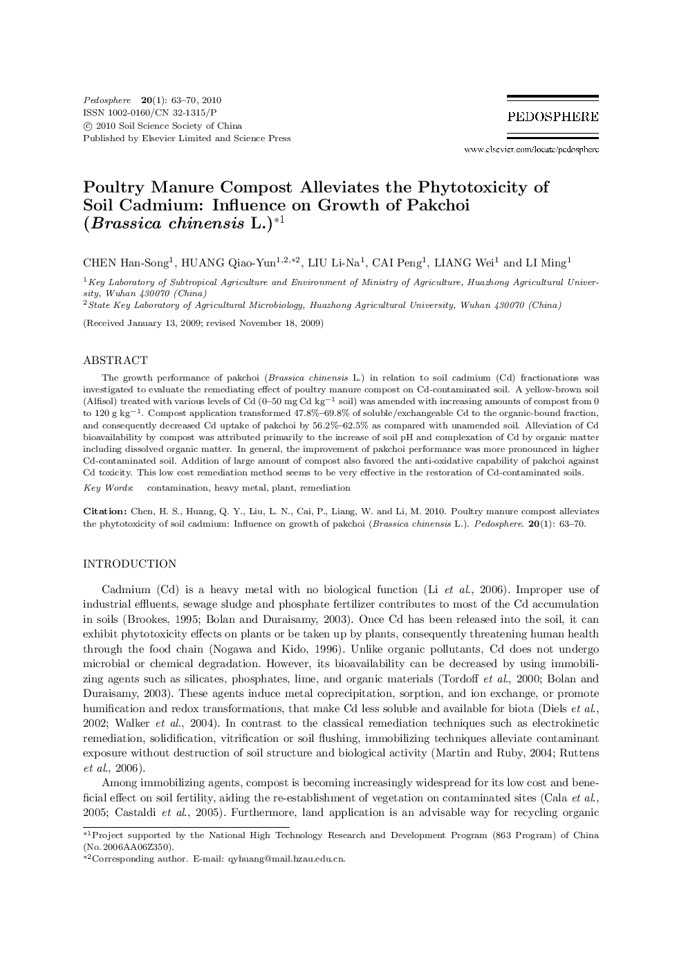 Poultry Manure Compost Alleviates the Phytotoxicity of Soil Cadmium: Influence on Growth of Pakchoi (Brassica chinensis L.) 