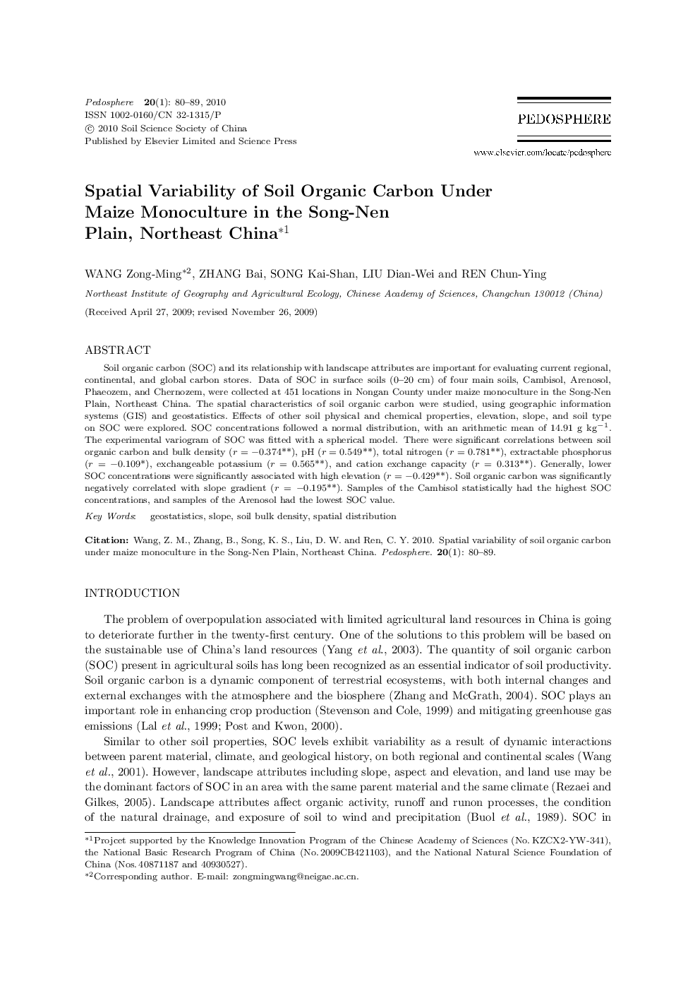 Spatial Variability of Soil Organic Carbon Under Maize Monoculture in the Song-Nen Plain, Northeast China 