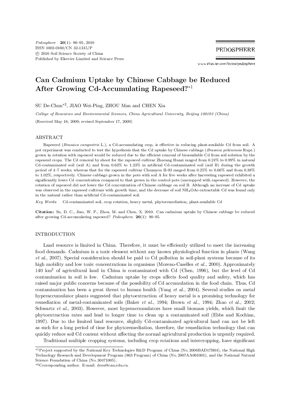 Can Cadmium Uptake by Chinese Cabbage be Reduced After Growing Cd-Accumulating Rapeseed? 