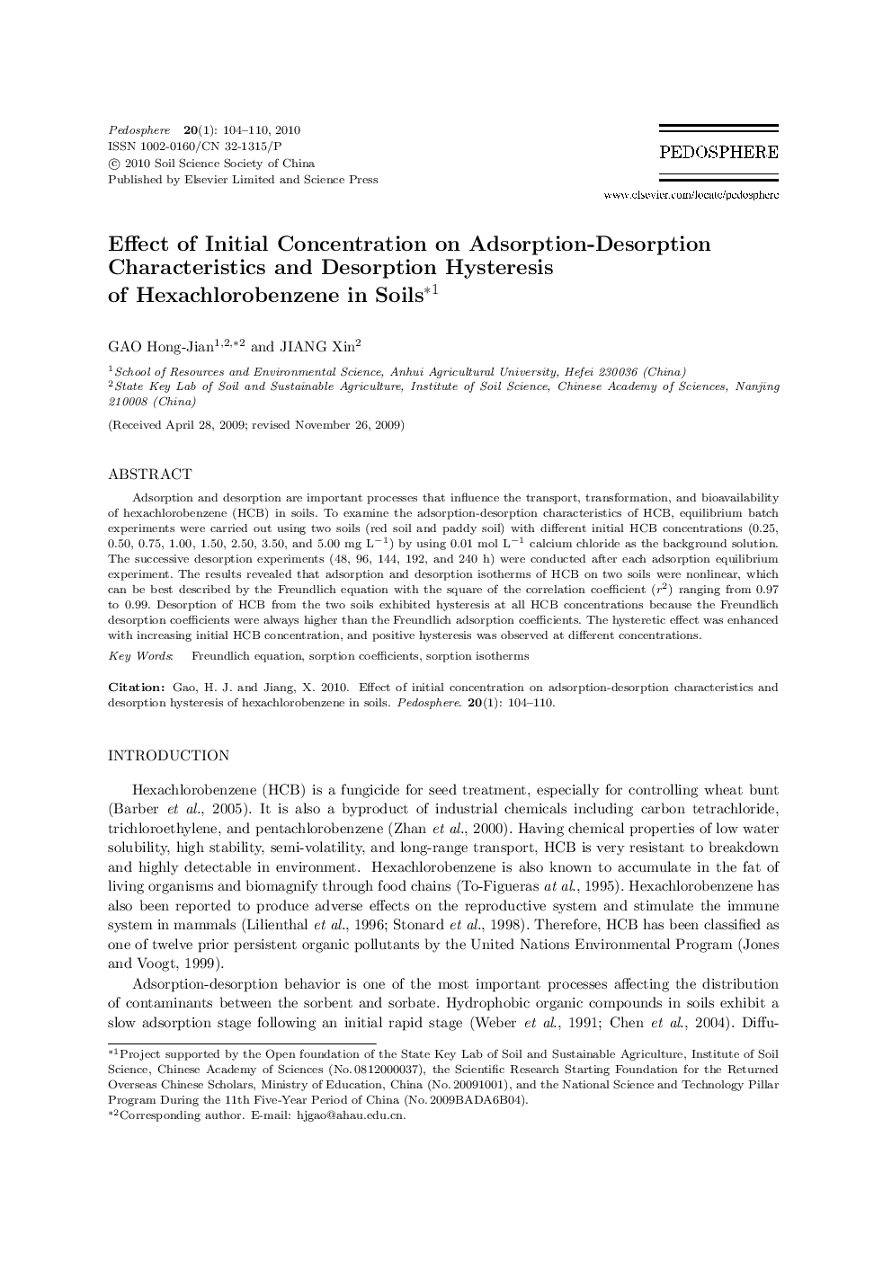Effect of Initial Concentration on Adsorption-Desorption Characteristics and Desorption Hysteresis of Hexachlorobenzene in Soils 
