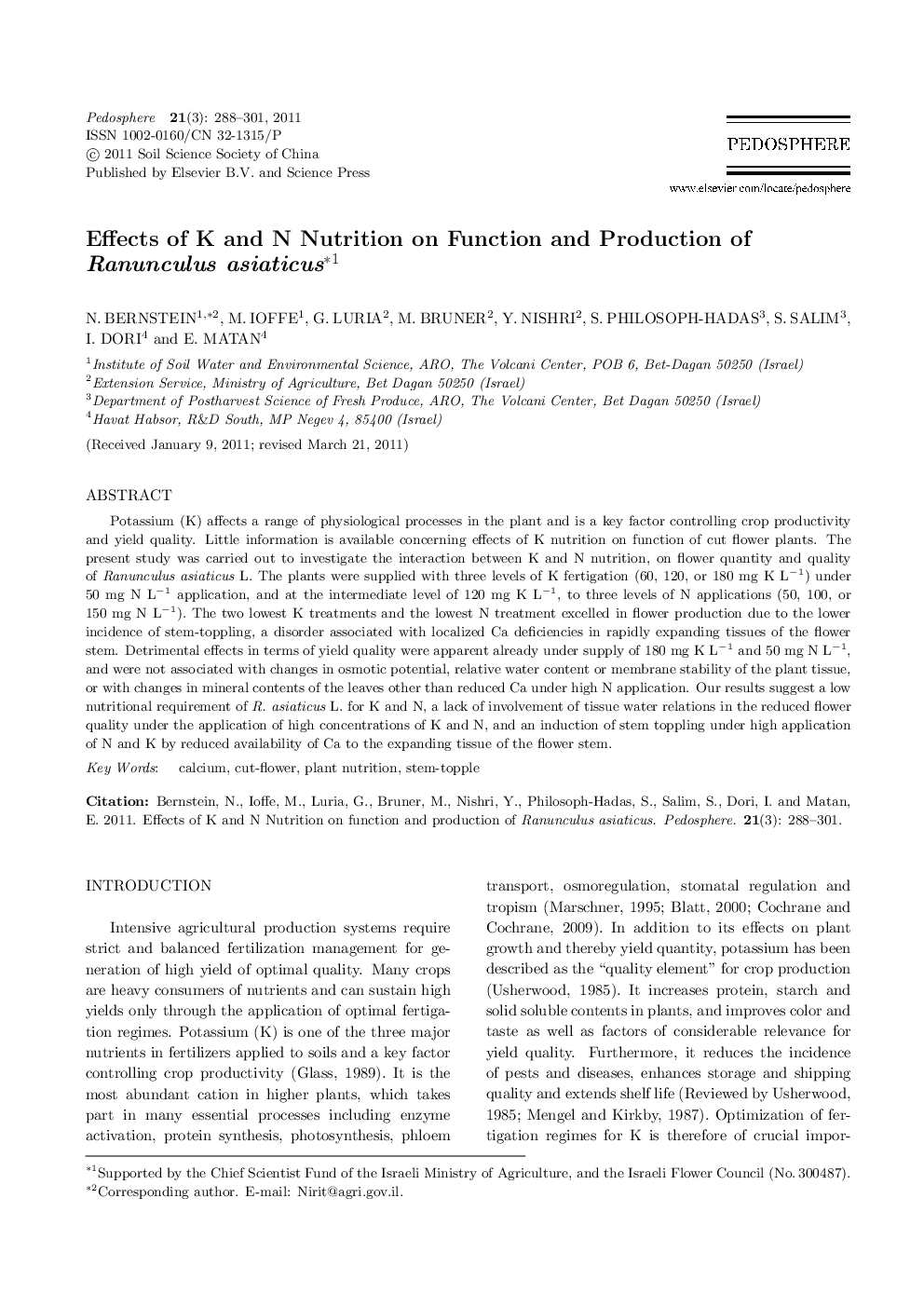 Effects of K and N Nutrition on Function and Production of Ranunculus asiaticus 