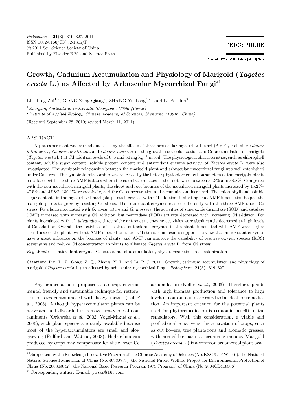 Growth, Cadmium Accumulation and Physiology of Marigold (Tagetes erecta L.) as Affected by Arbuscular Mycorrhizal Fungi 