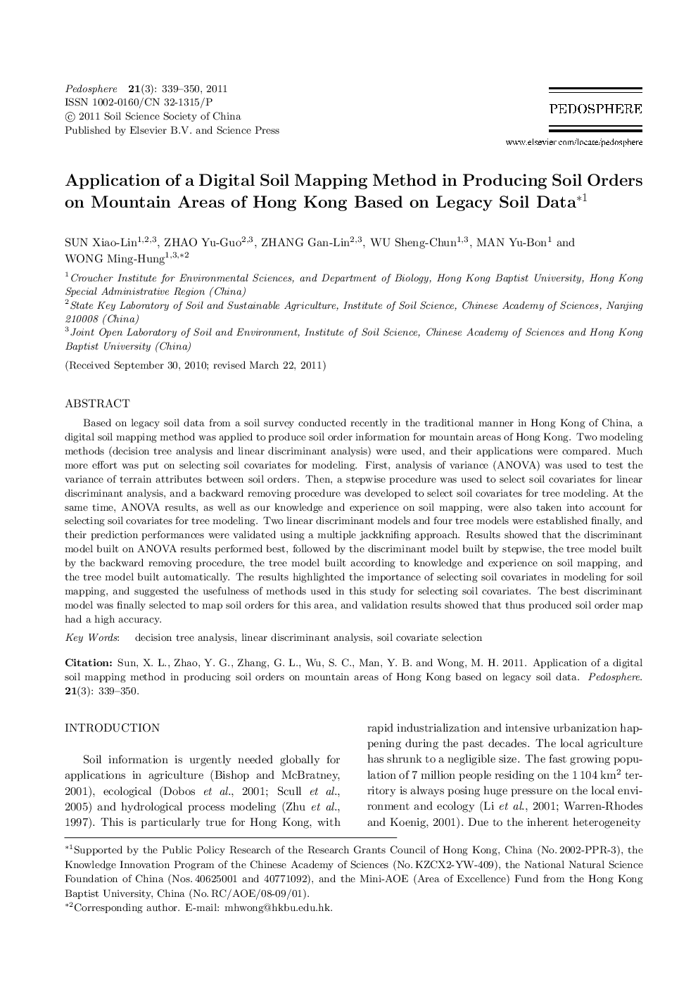 Application of a Digital Soil Mapping Method in Producing Soil Orders on Mountain Areas of Hong Kong Based on Legacy Soil Data 