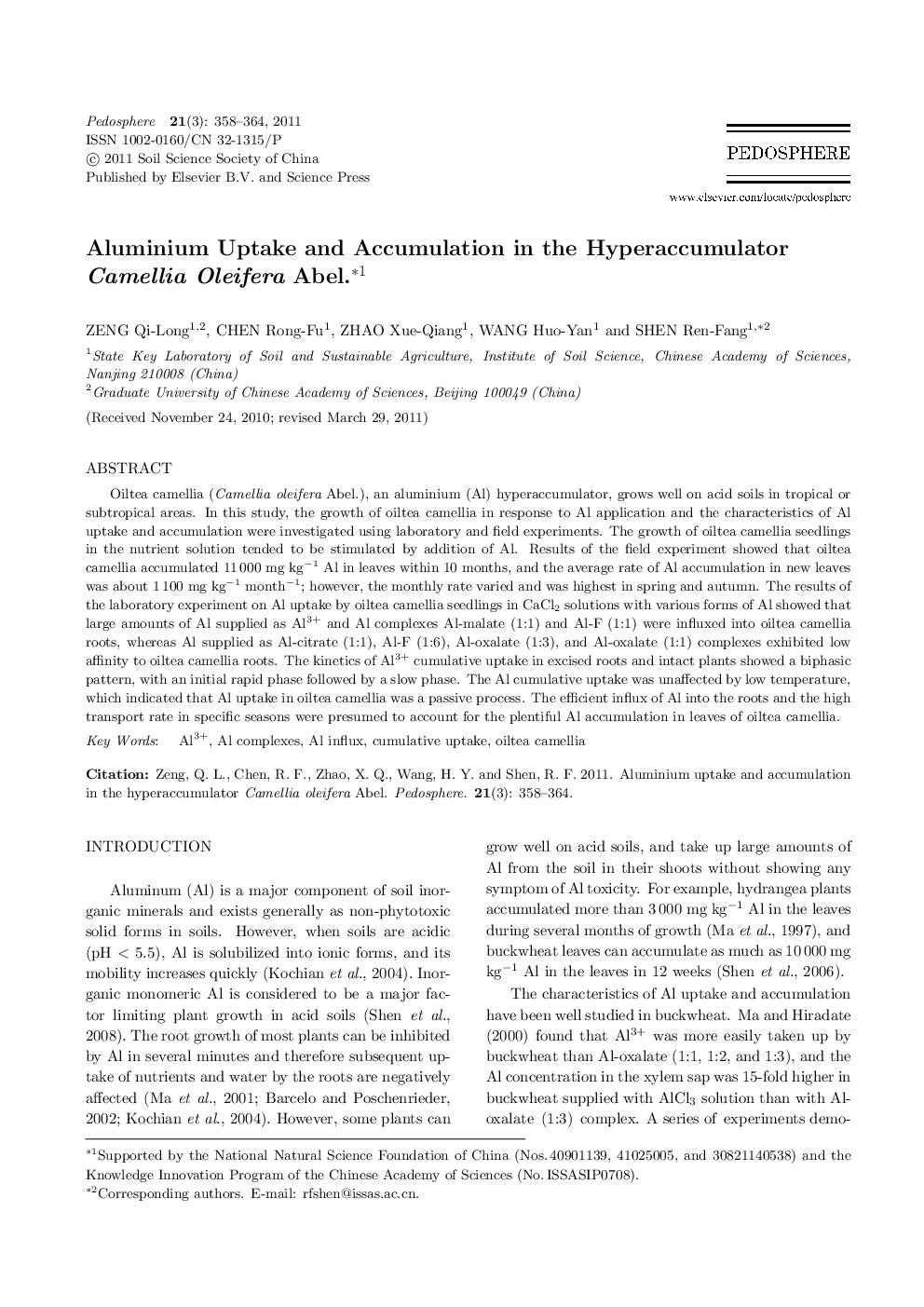Aluminium Uptake and Accumulation in the Hyperaccumulator Camellia Oleifera Abel. 