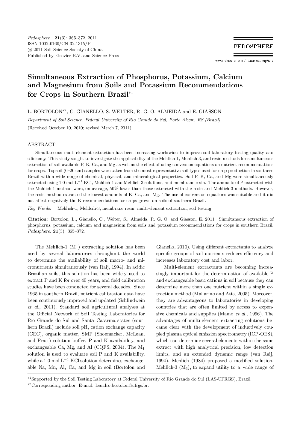Simultaneous Extraction of Phosphorus, Potassium, Calcium and Magnesium from Soils and Potassium Recommendations for Crops in Southern Brazil 