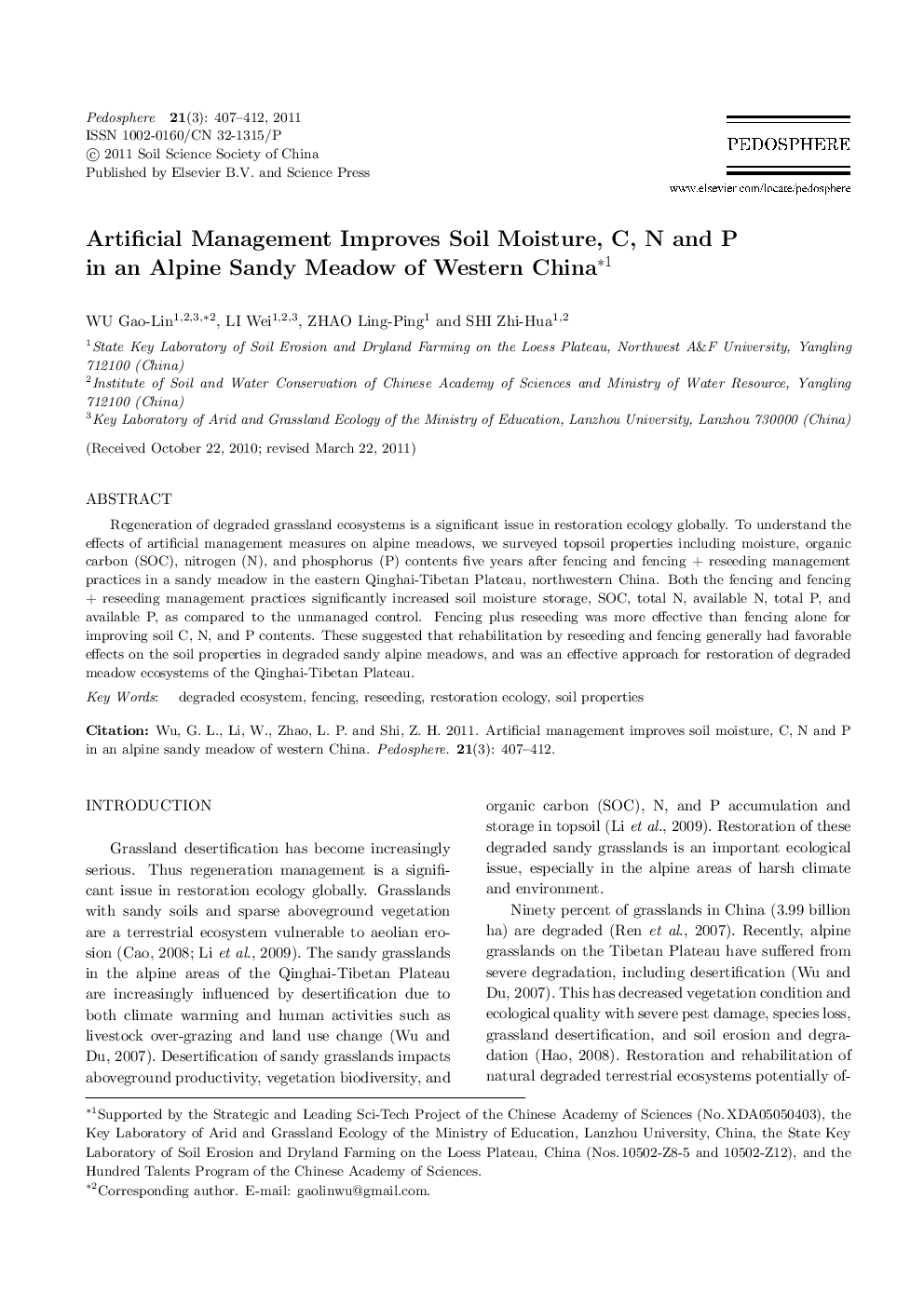 Artificial Management Improves Soil Moisture, C, N and P in an Alpine Sandy Meadow of Western China 