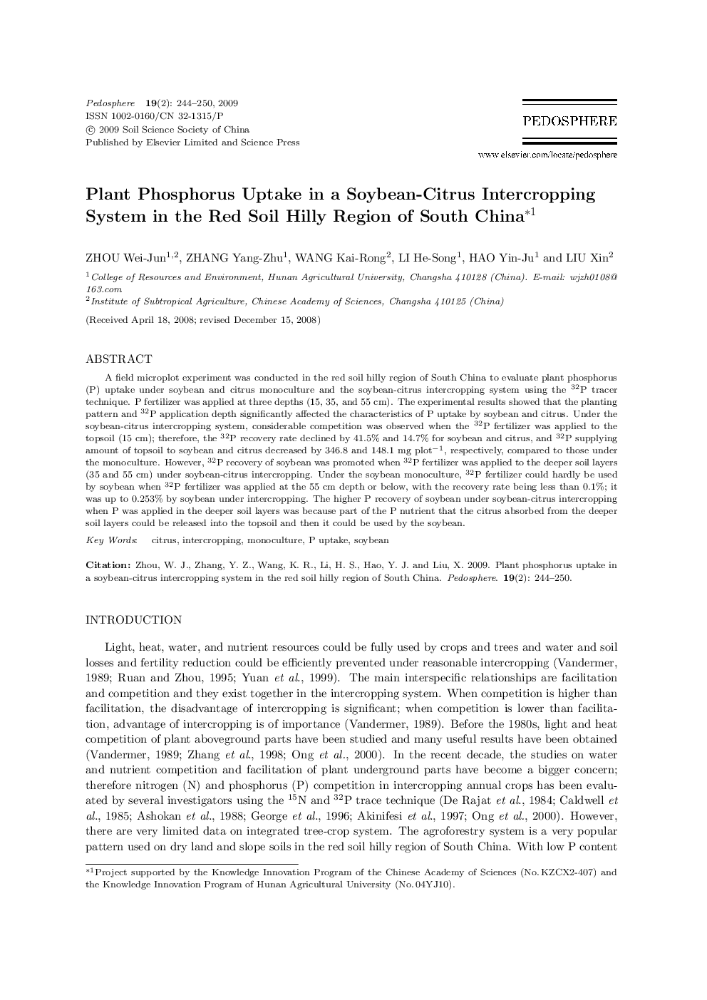 Plant Phosphorus Uptake in a Soybean-Citrus Intercropping System in the Red Soil Hilly Region of South China*1 