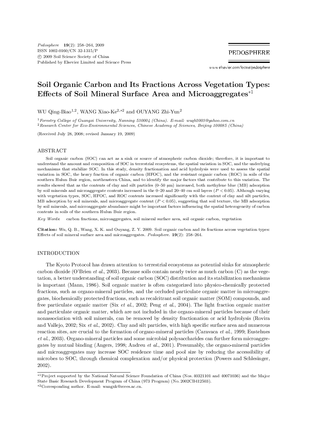 Soil Organic Carbon and Its Fractions Across Vegetation Types: Effects of Soil Mineral Surface Area and Microaggregates*1 