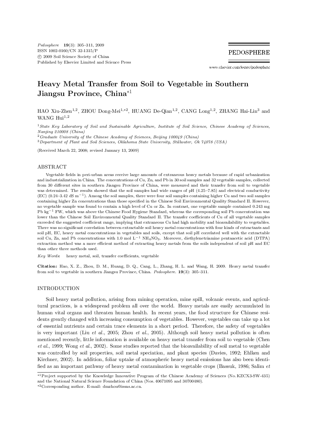 Heavy Metal Transfer from Soil to Vegetable in Southern Jiangsu Province, China 