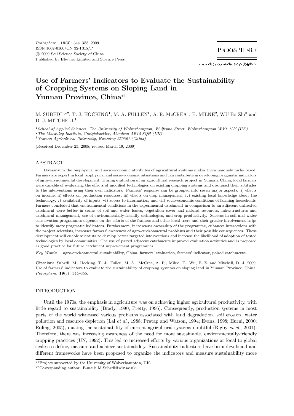 Use of Farmers' Indicators to Evaluate the Sustainability of Cropping Systems on Sloping Land in Yunnan Province, China 