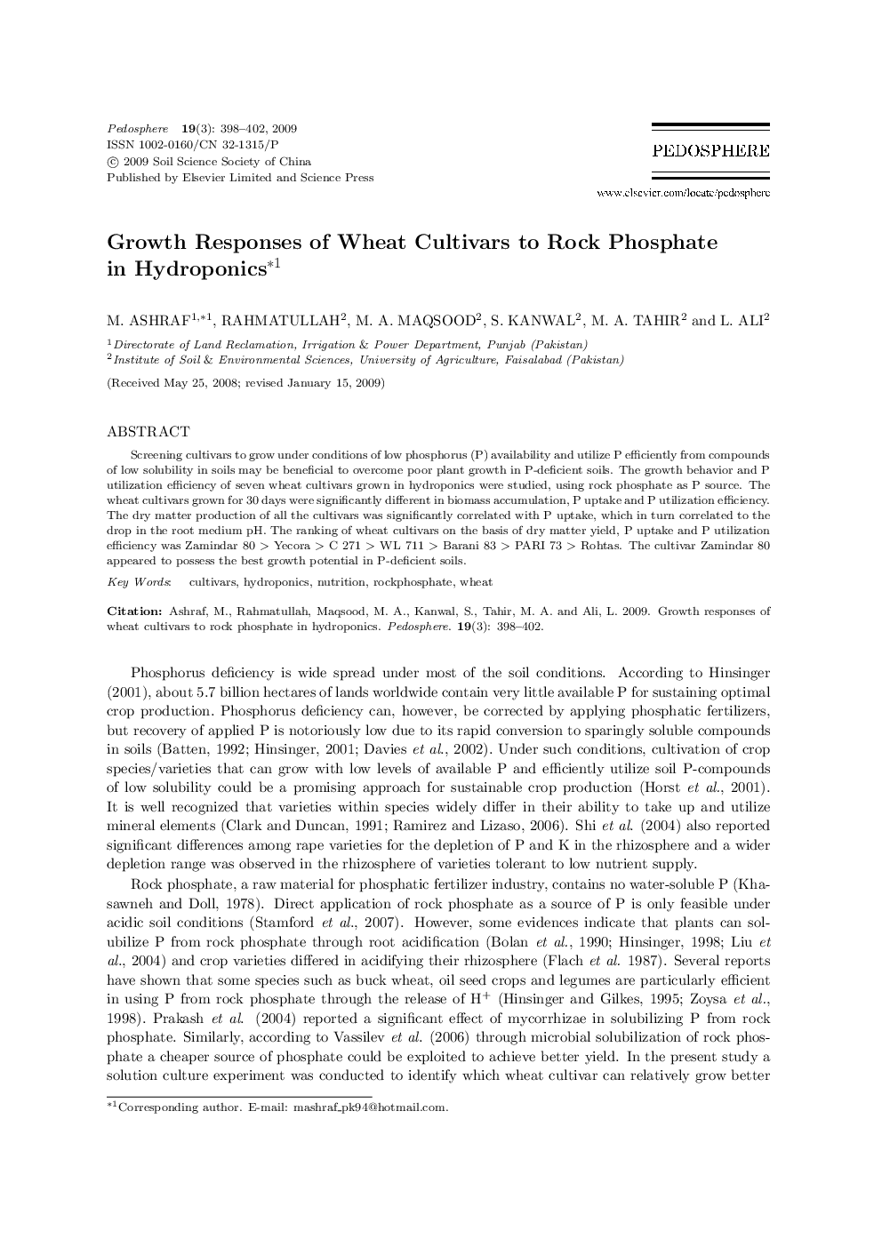 Growth Responses of Wheat Cultivars to Rock Phosphate in Hydroponics