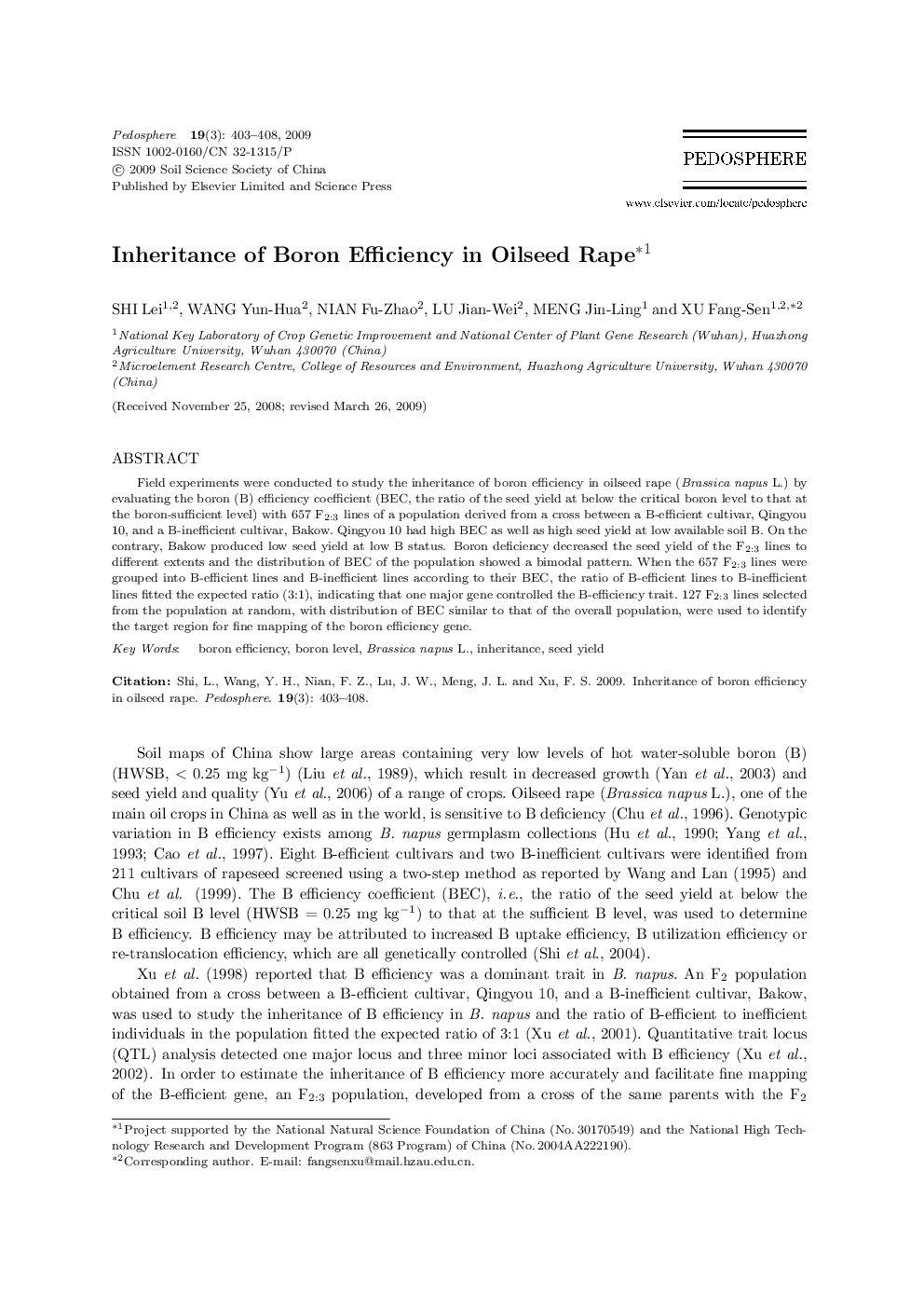 Inheritance of Boron Efficiency in Oilseed Rape 