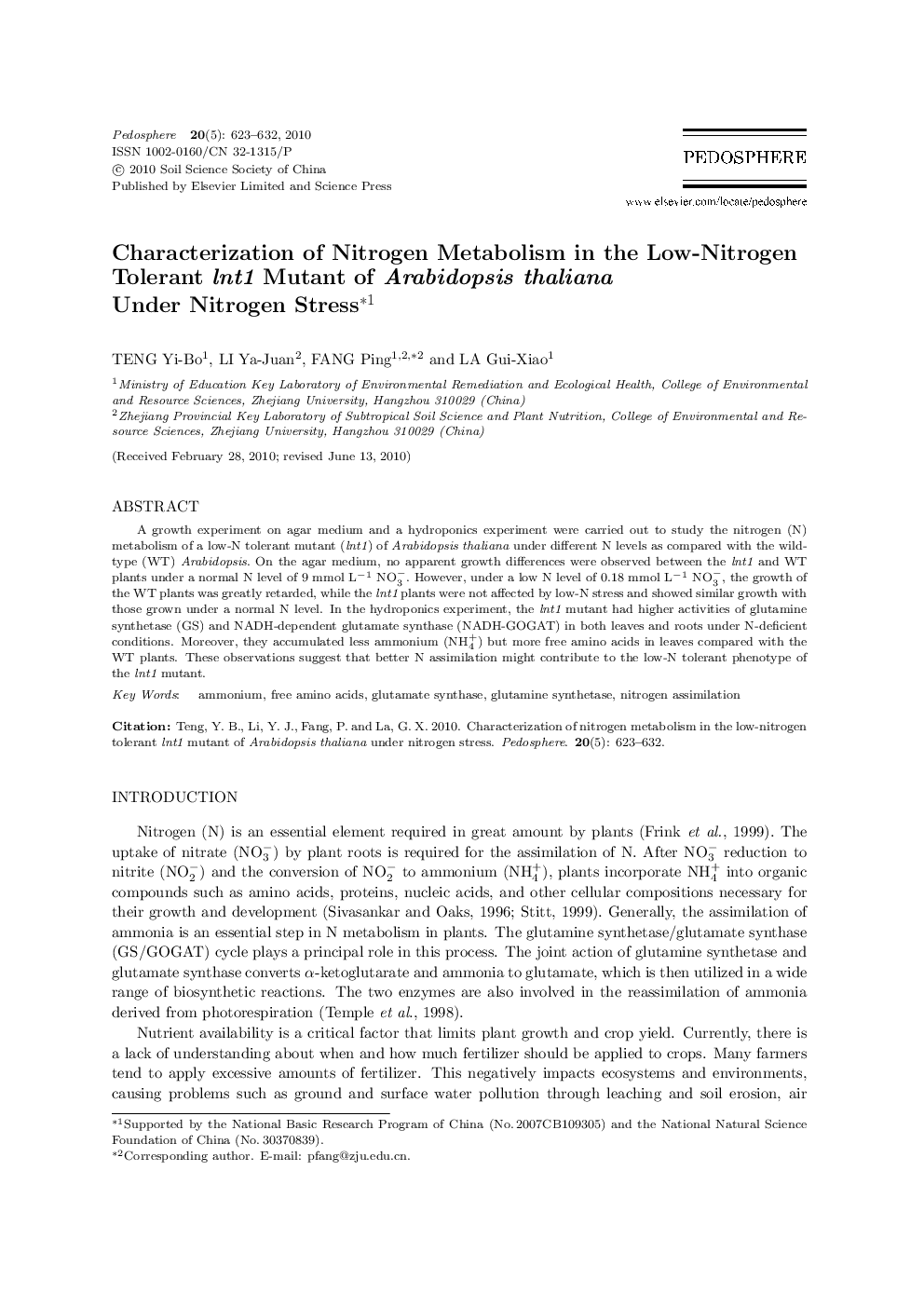 Characterization of Nitrogen Metabolism in the Low-Nitrogen Tolerant lnt1 Mutant of Arabidopsis thaliana Under Nitrogen Stress 