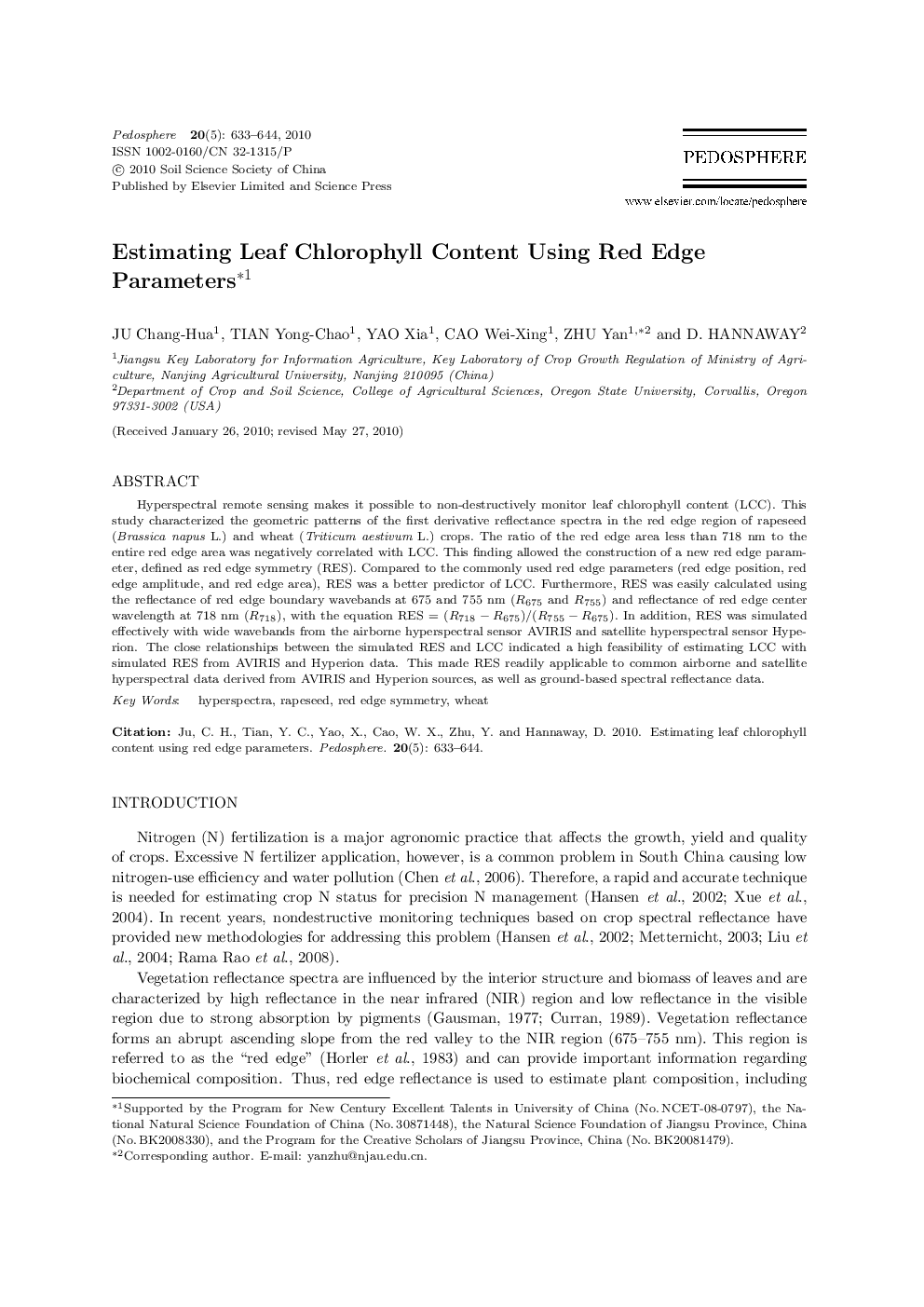 Estimating Leaf Chlorophyll Content Using Red Edge Parameters 