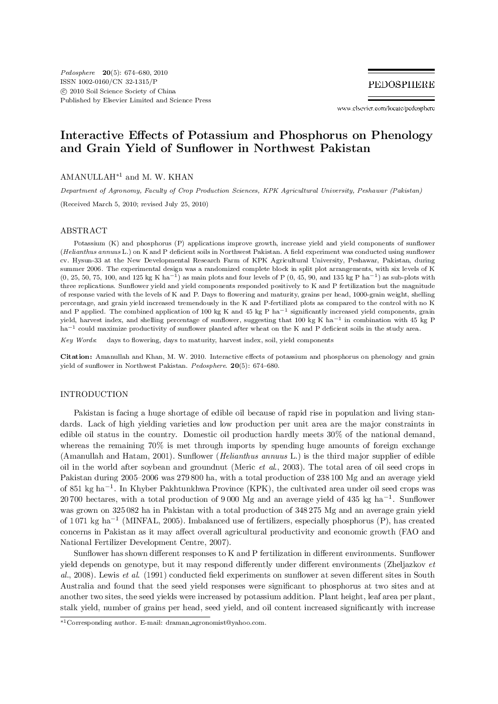 Interactive Effects of Potassium and Phosphorus on Phenology and Grain Yield of Sunflower in Northwest Pakistan