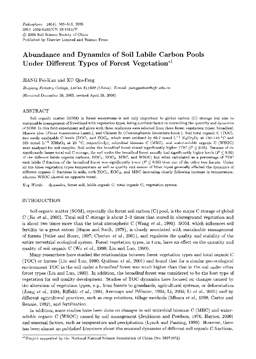 Abundance and Dynamics of Soil Labile Carbon Pools Under Different Types of Forest Vegetation1 