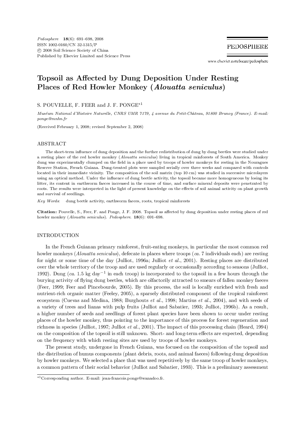 Topsoil as Affected by Dung Deposition Under Resting Places of Red Howler Monkey (Alouatta seniculus