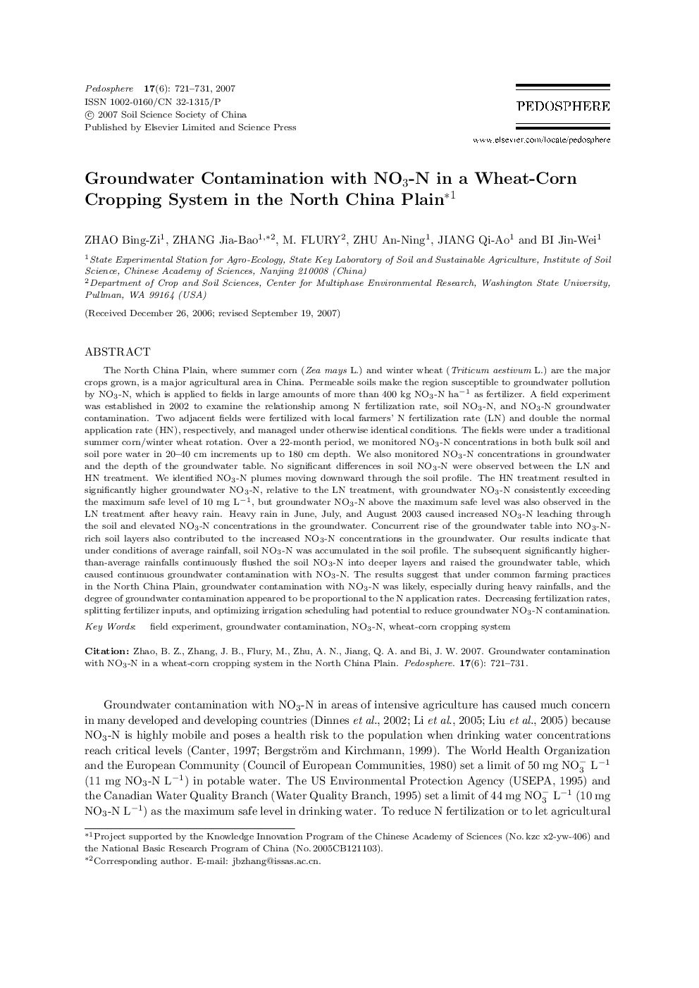 عکس صفحه اول مقاله: Groundwater Contamination with NO3-N in a Wheat-Corn Cropping System in the North China Plain Groundwater Contamination with NO3-N in a Wheat-Corn Cropping System in the North China Plain
